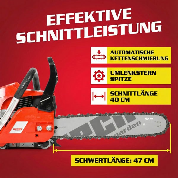 Kettensäge mit Informationen zur Schnittleistung, automatischer Kettenschmierung, Umlenksternspitze, Schnittlänge 40 cm und Schwertlänge 47 cm
