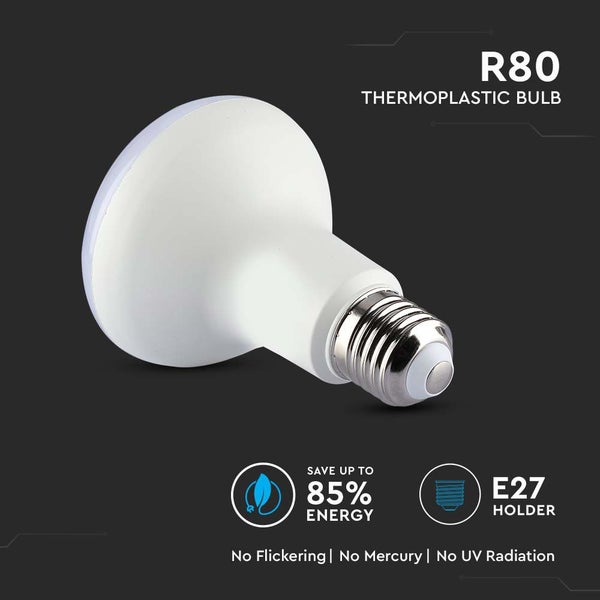 R80 Thermoplast LED Reflektorlampe mit E27 Fassung, spart bis zu 85 Prozent Energie, flimmerfrei, quecksilberfrei, ohne UV-Strahlung.