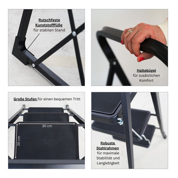 Klapptritt aus Stahl: rutschfeste Kunststofffüße, Sicherheitsbügel, große Stufen (30 mal 20 Zentimeter) und ein robuster Stahlrahmen.