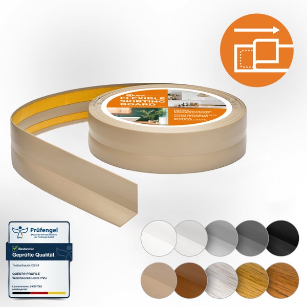 Quest Profile selbstklebende Weichsockelleiste aus PVC als Rolle mit Montageanleitungssymbol und Prüfsiegel Geprüfte Qualität