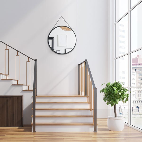 HOMCOM Wandspiegel Schminkspiegel Ø 50 cm Rundspiegel Wohnzimmerspiegel mit dekorativer Aufhängung für Schlafzimmer, Esszimmer, Diele Schwarz Metall Glas