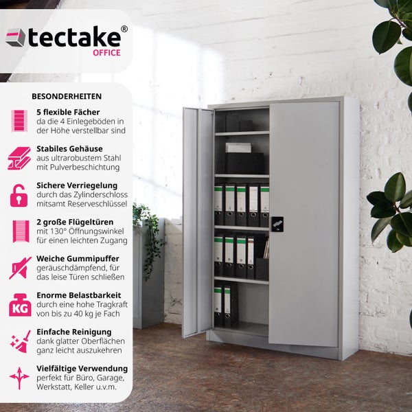 Aktenschrank tectake Blain 180 x 80 x 40 cm aus pulverbeschichtetem Stahl grau