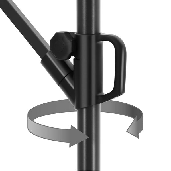 Detail eines Schirmmasts mit Griff und Feststellschraube, ein Pfeilsymbol zeigt die 360 Grad Drehfunktion.