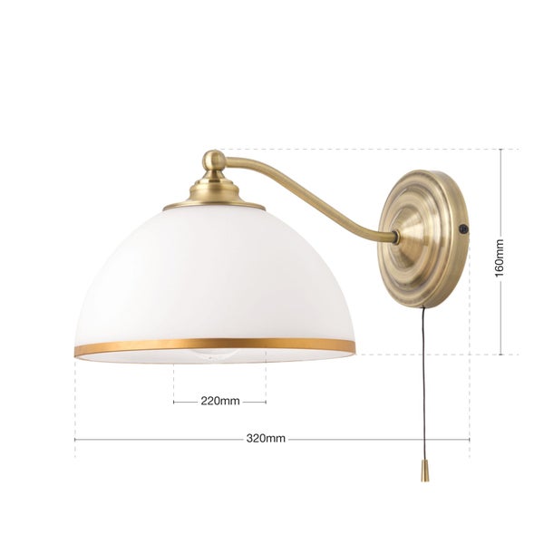 Wandleuchte im Retro Stil mit Glas Schirm und Zugschalter inklusive Bemaßung.