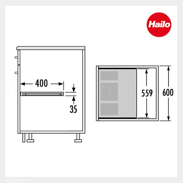Technische Zeichnung eines Hailo Einbausystems mit Maßangaben 400 Millimeter, 35 Millimeter, 559 Millimeter und 600 Millimeter. Hailo Logo.