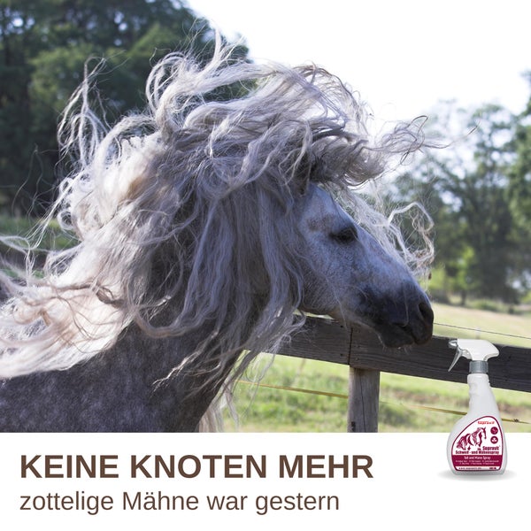 Pferd mit langer, zerzauster Mähne an einem Holzzaun neben einer Flasche Supravit Schweif- und Mähnenspray.