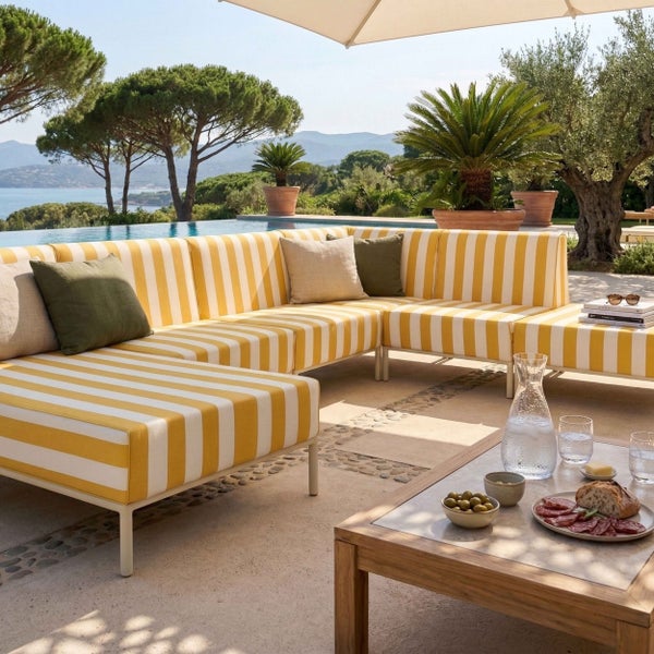 Modernes Garten-Ecksofa mit gelb-weißem Streifenmuster, Zierkissen und Holztisch auf einer sonnigen Terrasse am Pool mit Meerblick.