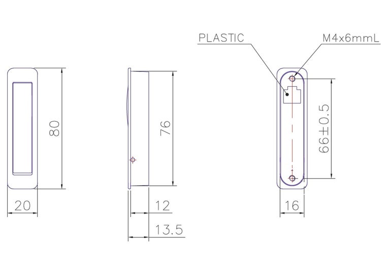 Technische Zeichnung eines Kunststoff-Schiebetürgriffs mit Maßangaben