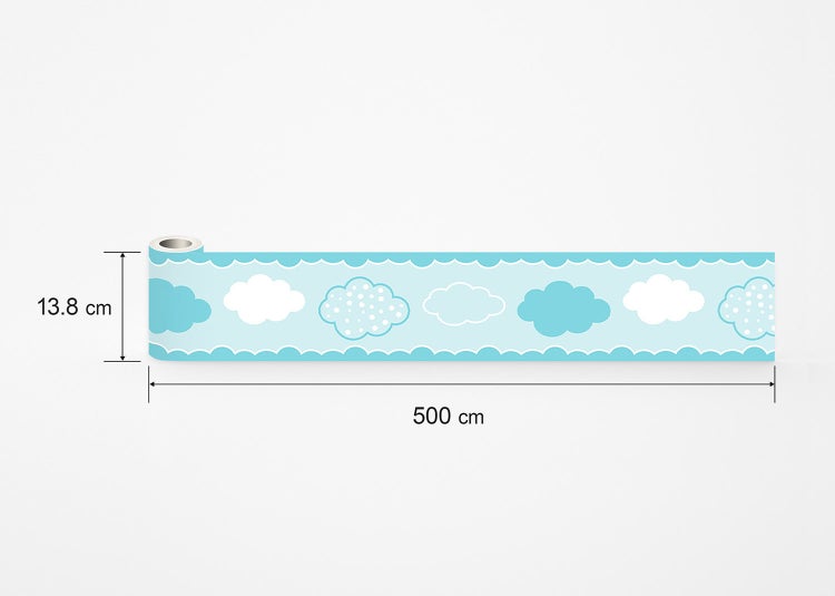 Tapetenbordüre für Kinderzimmer mit Wolkenmuster, Höhe 13,8 Zentimeter, Länge 500 Zentimeter.