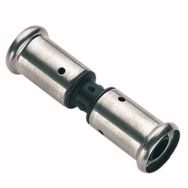 Press-Doppelkupplung aus Metall für Rohre mit Kontrollöffnungen.