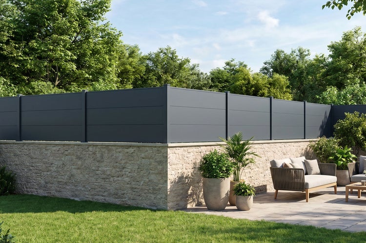 Moderne Sichtschutzwand aus Metall auf einer Natursteinmauer in einem gepflegten Garten mit Sitzgruppe auf der Terrasse.