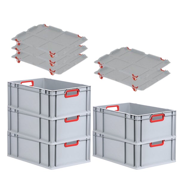 PROREGAL Spar Set 5x Eurobox Nextgen Color Mit Auflagedeckel & Schiebeschnappverschlüsse HxBxT 22 x 40 x 60 cm Griffe Rot Offen Verstärkter Boden