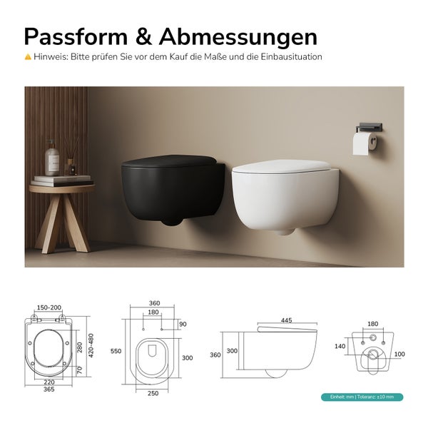 Maßzeichnung und Anwendungsbeispiel einer wandhängenden Toilette mit Abmessungen in Millimeter.