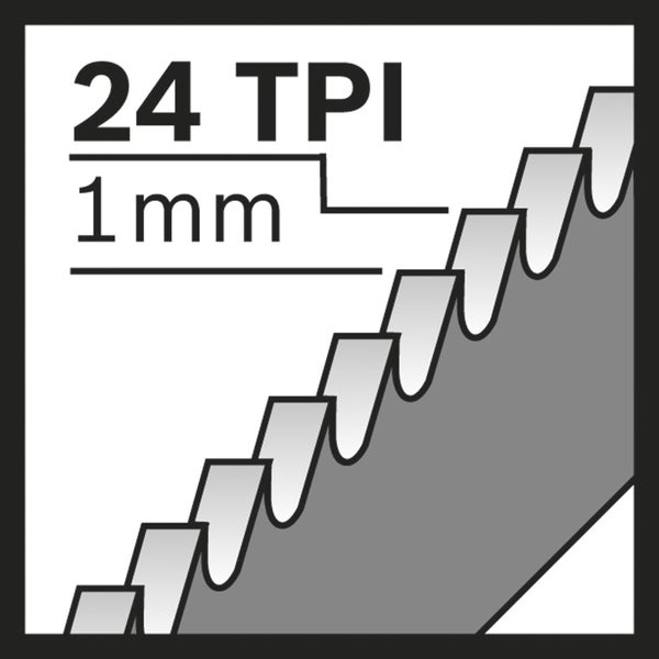 Sägeblatt-Symbol mit 24 TPI und 1 mm Zahnteilung