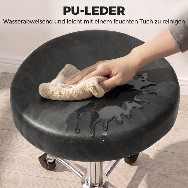 Runder Hocker mit wasserabweisendem Polyurethan Leder Sitz und Rollfußkreuz zur einfachen Reinigung mit einem feuchten Tuch.