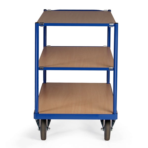 Etagenwagen mit drei Holzregalen und Rollen