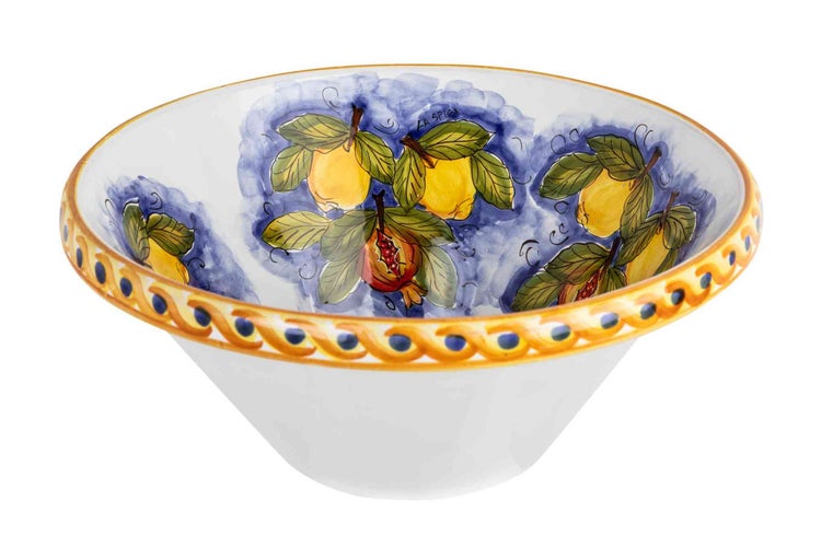 Handbemalte Keramikschale mit Zitronen- und Granatapfelmotiv im mediterranen Stil.