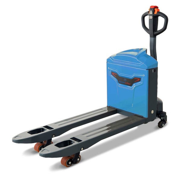 HanseLifter Elektro-Niederhubwagen mit ergonomischem Deichselgriff und stabilen Gabelzinken für den Palettentransport.