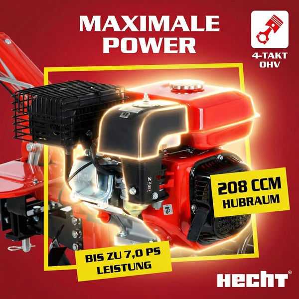 Detailaufnahme eines Hecht Motorgartengeräts mit maximaler Leistung und 208 ccm Hubraum