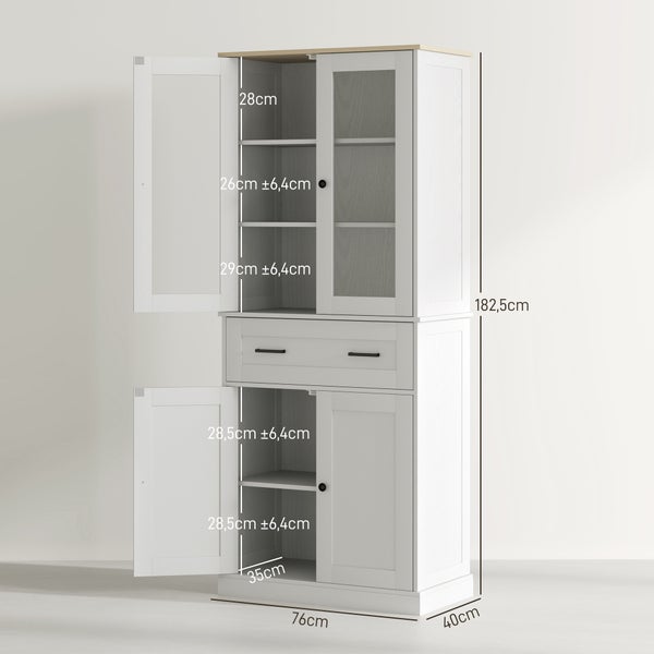 Weißer Vorratsschrank: 182,5 Zentimeter hoch, 76 Zentimeter breit, 40 Zentimeter tief. Oben Glastüren, eine Schublade, unten Holztüren.