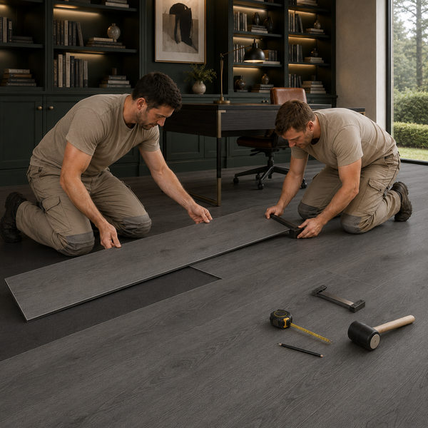 Handwerker verlegen einen dunklen Laminatboden in einem eleganten Arbeitszimmer mit Werkzeug wie Hammer und Maßband auf dem Boden.