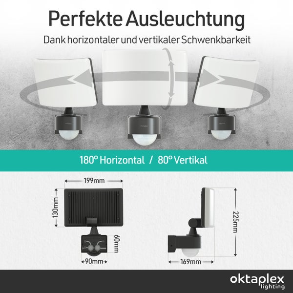 LED-Außenstrahler, schwenkbar 180 Grad horizontal, 80 Grad vertikal. Maße: 199 Millimeter breit, 225 Millimeter hoch. oktaplex lighting Logo.