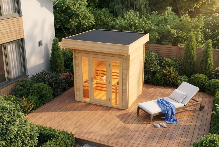 Moderne Außensauna aus hellem Holz mit Flachdach, Doppeltür mit Glaseinsatz, auf einer Holzterrasse im Garten neben einer Liege.