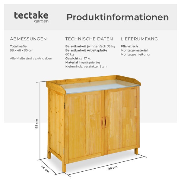 Tectake Logo, Produktdaten eines Pflanztisches aus Kiefernholz mit verzinkter Arbeitsplatte, Maße 98 mal 48 mal 95 Zentimeter.
