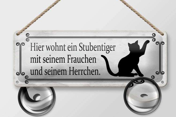 Blechschild Spruch 27x10cm Katze hier wohnt ein Stubentiger Dekoration
