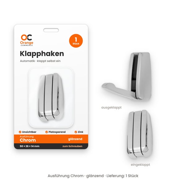 Automatischer Klapphaken aus glänzendem Zink in Chrom Optik, 50 mal 26 mal 14 Millimeter, zur Schraubmontage, 1 Stück in der Verpackung.