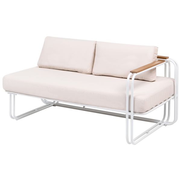 Zweisitziges Gartensofa mit Metallgestell und Holzarmlehnen inklusive Sitzpolstern und Rückenkissen für den Außenbereich