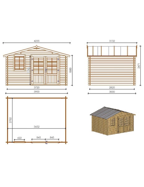 Technische Zeichnung mit Maßangaben eines Gartenhauses aus Holz inklusive Frontansicht, Seitenansicht, Grundriss und isometrischer Darstellung.