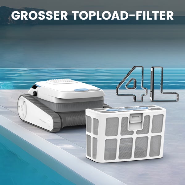 Poolroboter mit 4 Liter Topload Filterkorb zur Poolreinigung am Beckenrand.