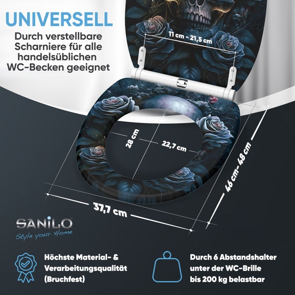 Sanilo WC-Sitz mit Rosen und Totenkopf Motiv, verstellbare Scharniere, bruchfest, belastbar bis 200 Kilogramm, inklusive Maßangaben.