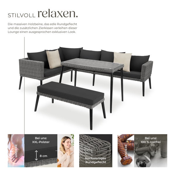 Rattan Lounge tectake Pula mit Sicherheitsglasplatte mit Aluminiumgestell grau