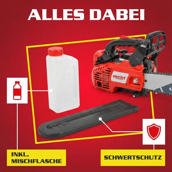 Kettensäge mit Mischflasche und Schwertschutz