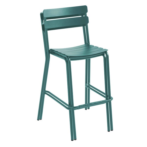 Stapelbarer Barhocker aus Metall in Petrol mit Rückenlehne und Fußstütze