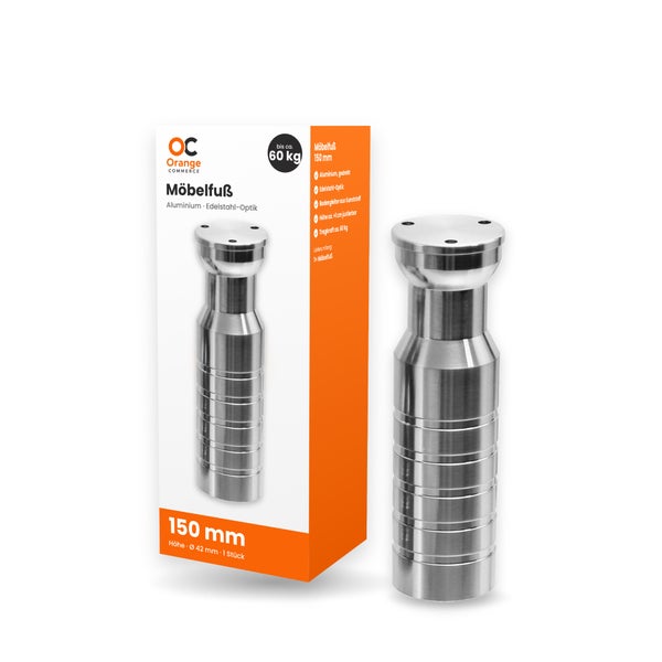 Möbelfuß aus Aluminium in Edelstahloptik, 150 Millimeter hoch, inklusive Verpackung und Orange Commerce Logo.
