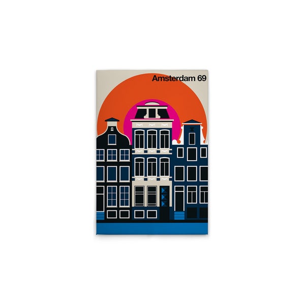 Poster mit einer Illustration von Amsterdamer Häusern unter einem farbigen Kreis