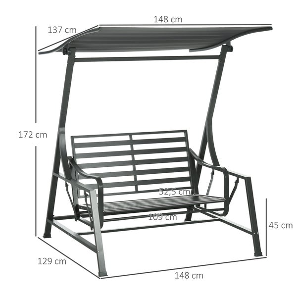 Outsunny Hollywoodschaukel, 2-Sitzer Gartenschaukel mit Verstellbarem Sonnendach, Sitzkissen, für Balkon, Dunkelgrau, 148 x 129 x 172 cm, Stahl, Dunkelgrau