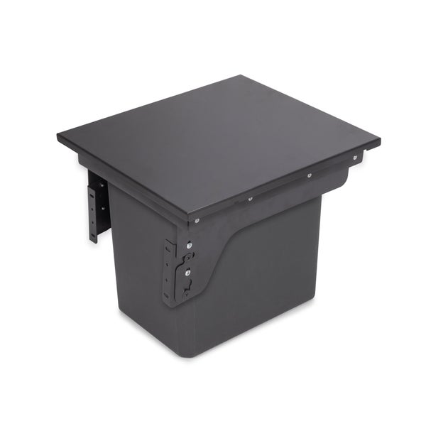 Einbaumülleimer für Küchenunterschränke aus schwarzem Kunststoff mit Metall-Montagesystem.