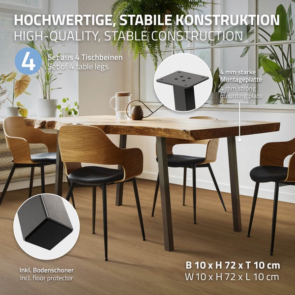 ML-Design 4er Set Tischbeine schräg 72 cm, Dunkelgrau, Optik Industrial, Stahl pulverbeschichtet, Profil 4x4 cm, I-Form, Möbelfüße Metall 96° Neigung, Tischfüße Möbelbeine für Esstisch & Schreibtisch