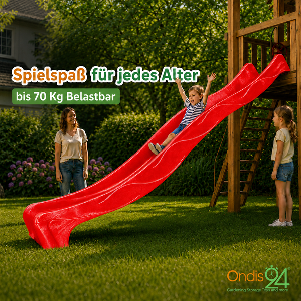 Rote Wellenrutsche aus Kunststoff an hölzernem Spielturm im Garten, Belastbarkeit bis 70 Kilogramm, Ondis 24 Logo.