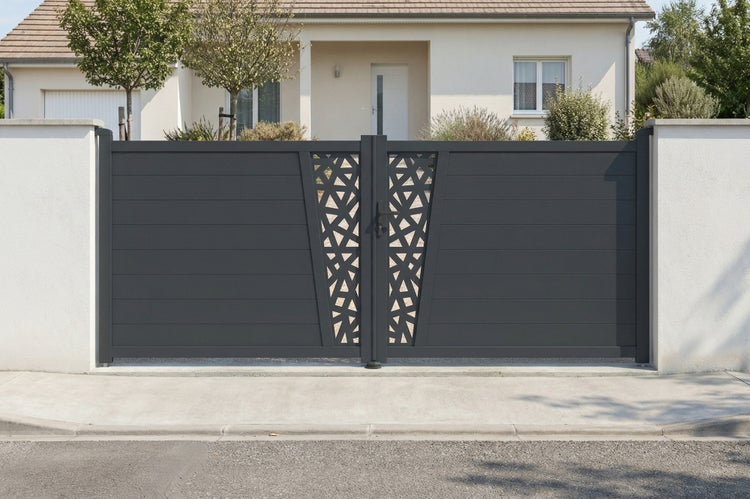 Modernes zweiflügeliges Einfahrtstor aus Aluminium mit Querlamellen und dekorativem geometrischem Muster in der Mitte vor einem Wohnhaus.