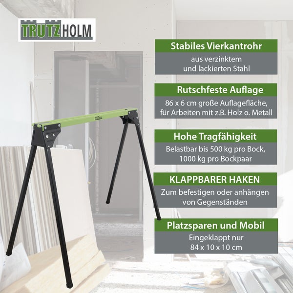 Trutzholm Arbeitsbock aus Stahl, klappbar, 500 Kilogramm Tragkraft, rutschfeste Auflage, integrierter Haken und Trutzholm Logo.