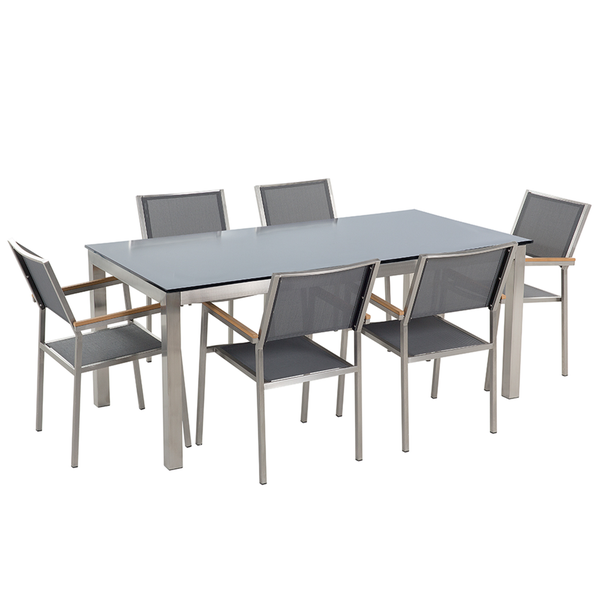 Gartenmöbel Set 6-Sitzer GROSSETO Sicherheitsglas Grau / Schwarz