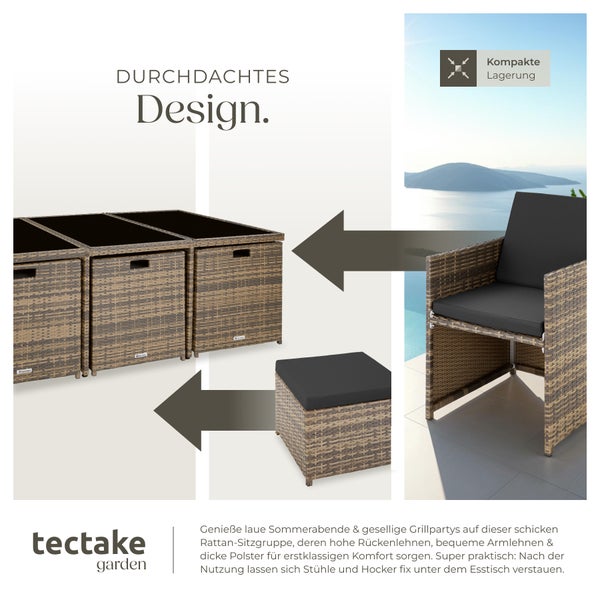 Rattan Sitzgruppe tectake New York 2 Bezugssets, zusammenschiebbar, inklusive Schutzhülle mit Aluminiumgestell natur