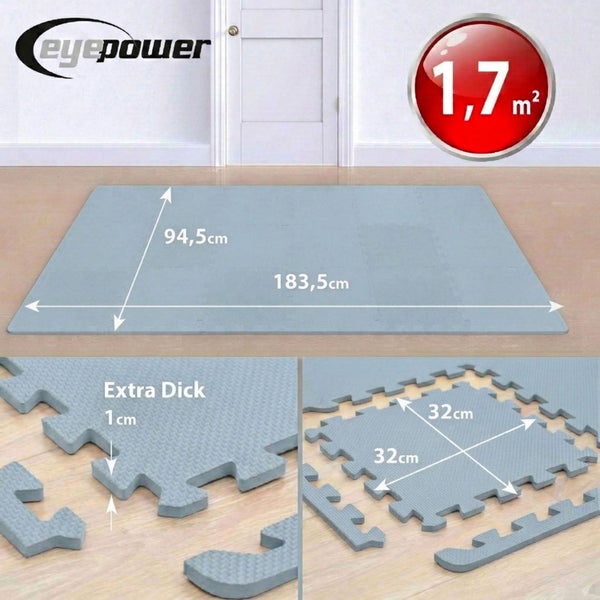 eyepower Logo. Puzzlematte Set aus EVA-Schaumstoff, Gesamtfläche 1,7 Quadratmeter, Maße 183,5 mal 94,5 Zentimeter, Dicke 1 Zentimeter.