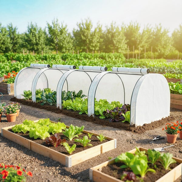 Folientunnel für Gemüsebeete in einem sonnigen Garten mit verschiedenen Salatpflanzen und Blumen in Holzbeeten.