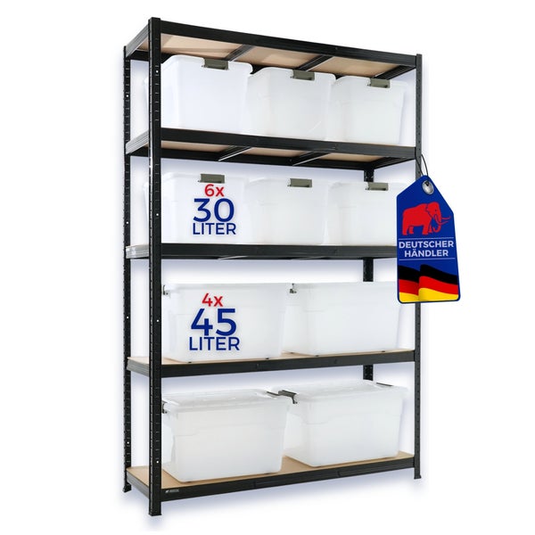Schwarzes Metallregal mit 6 weißen Kunststoffboxen zu 30 Liter und 4 weißen Kunststoffboxen zu 45 Liter, Siegel Deutscher Händler.